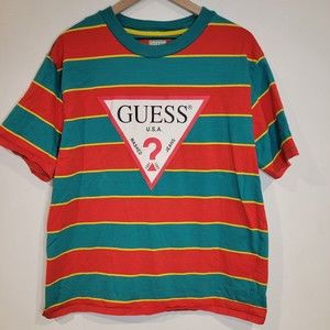 Mens GUESS Multicolor Originals Collection Striped T-Shirt Red Yellow Teal